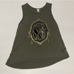 Elephant Mandala Gold Metallic Sleeveless Tunic Tank Top Large Dark Green